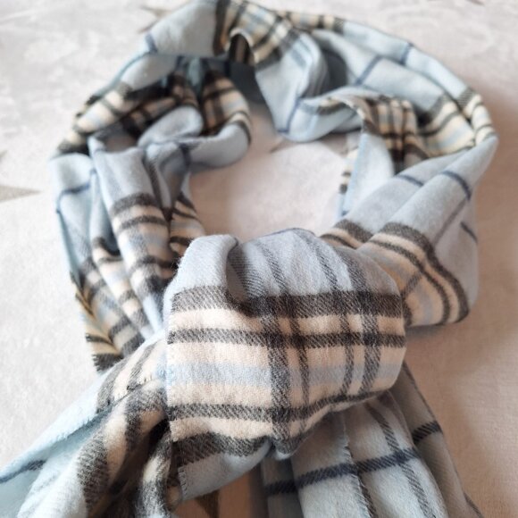 V. Fraas Cashmink Blue & Beige Plaid Design Fringe Scarf Wrap Made In Germany OS - Picture 4 of 7